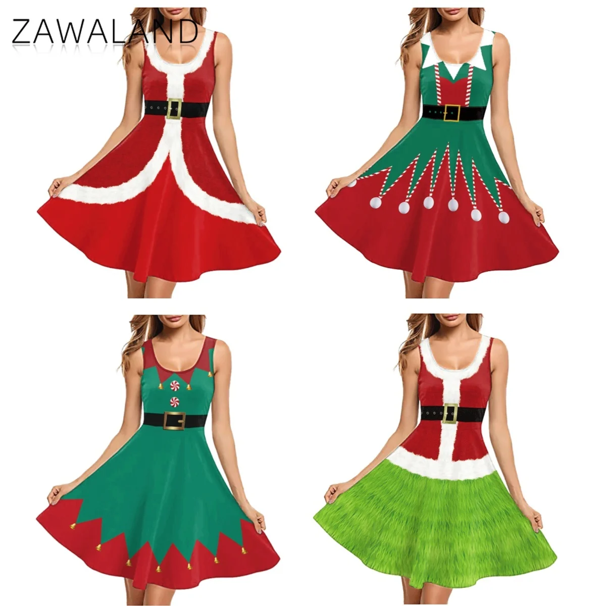 Christmas Red Green Printing Cosplay Costume Woman Xmas U-neck Sleeveless Dresses Party Performance Dress Festival Stage Outfits