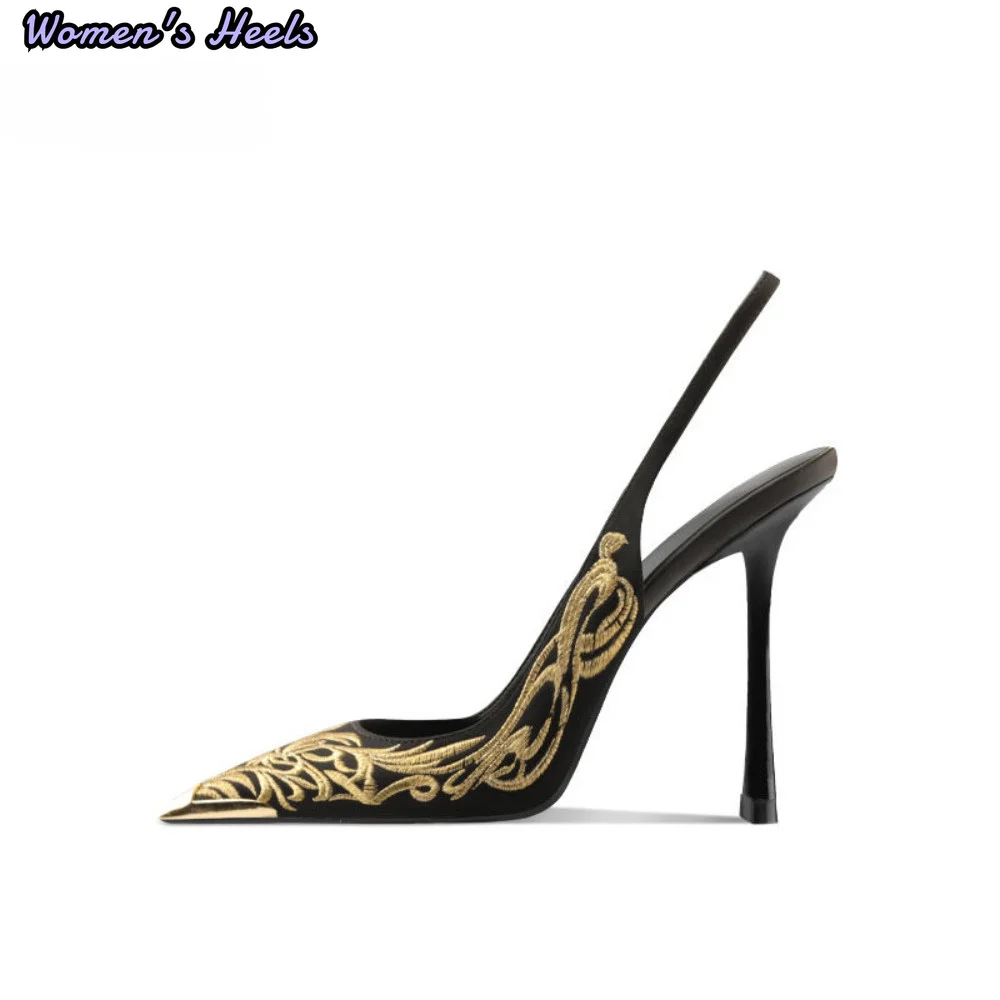 Sexy Gold Embroidered Pointed Toe Stiletto Heels Women Summer Elegant Sandals