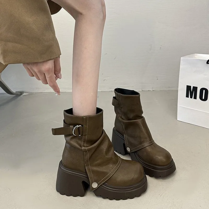 2026 New Folded Round Head Thick Heel Boot Spring Autumn Chunky Heeled Fashion Shoes Platform Short Booties