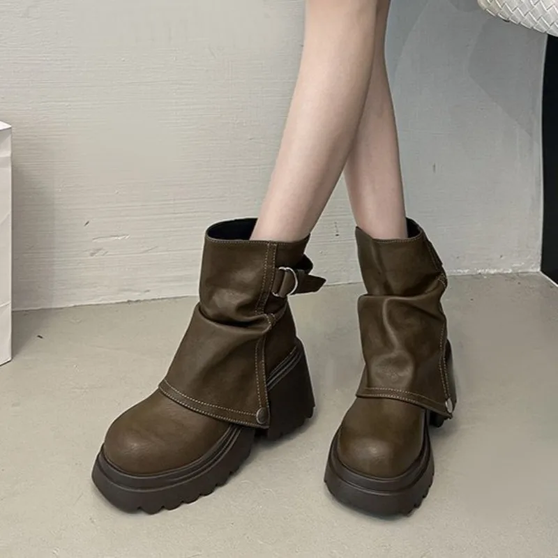 2026 New Folded Round Head Thick Heel Boot Spring Autumn Chunky Heeled Fashion Shoes Platform Short Booties