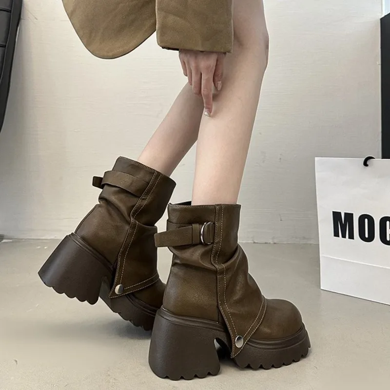 2026 New Folded Round Head Thick Heel Boot Spring Autumn Chunky Heeled Fashion Shoes Platform Short Booties