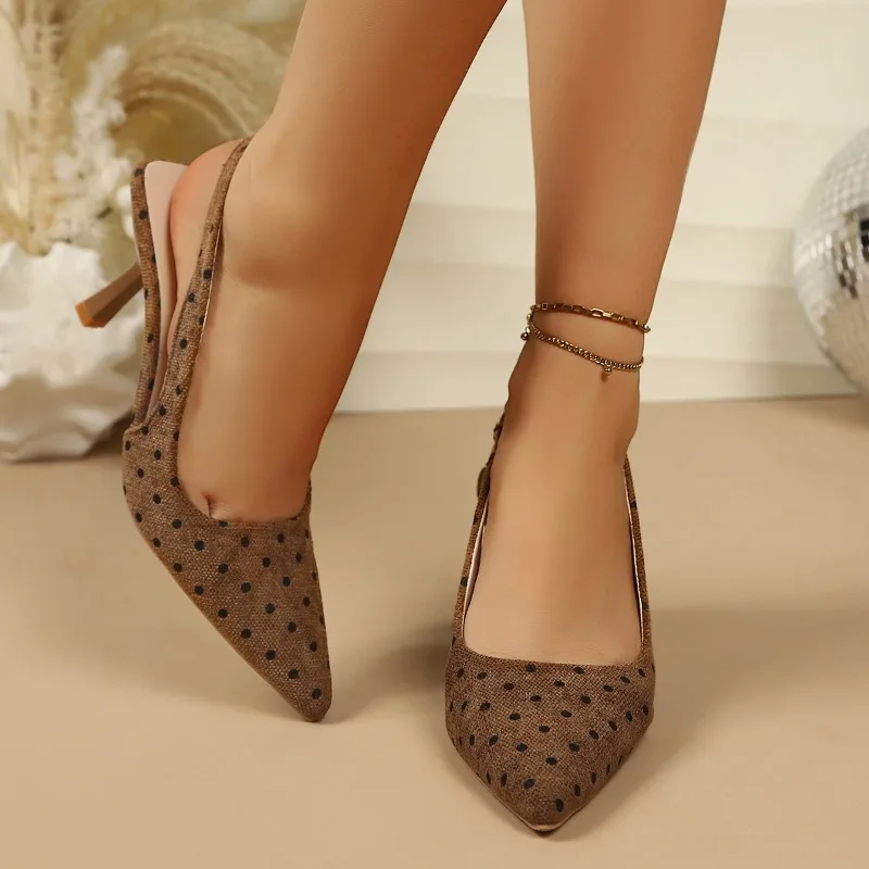 Ladies Polka Dot Slingback Pumps 7.5CM Stiletto Heel Pointed Toe Slip on Wedding Date Daily Elegant High Heel Shoes