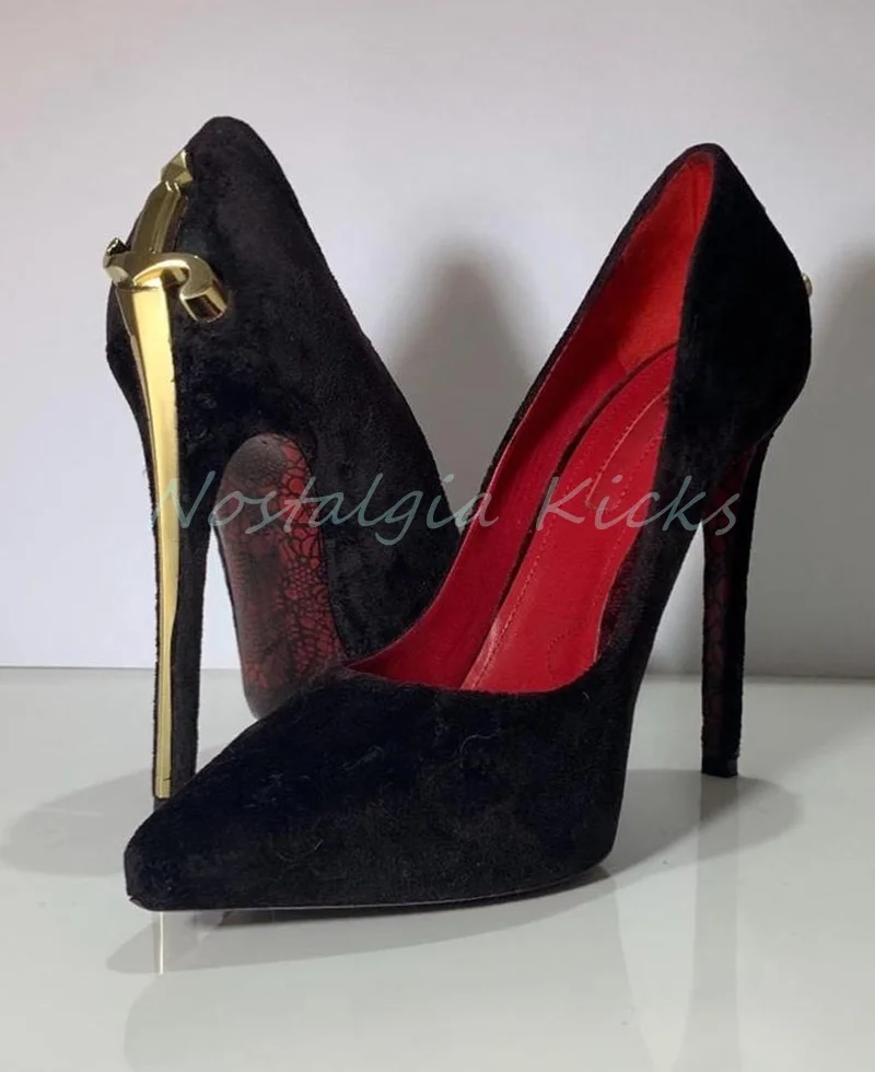 Fashion Suede Stiletto Heel Sword Design Pumps Pointed Toe Metal Embellished Elegant Evening Shoes Party Ladies Dress Shoes