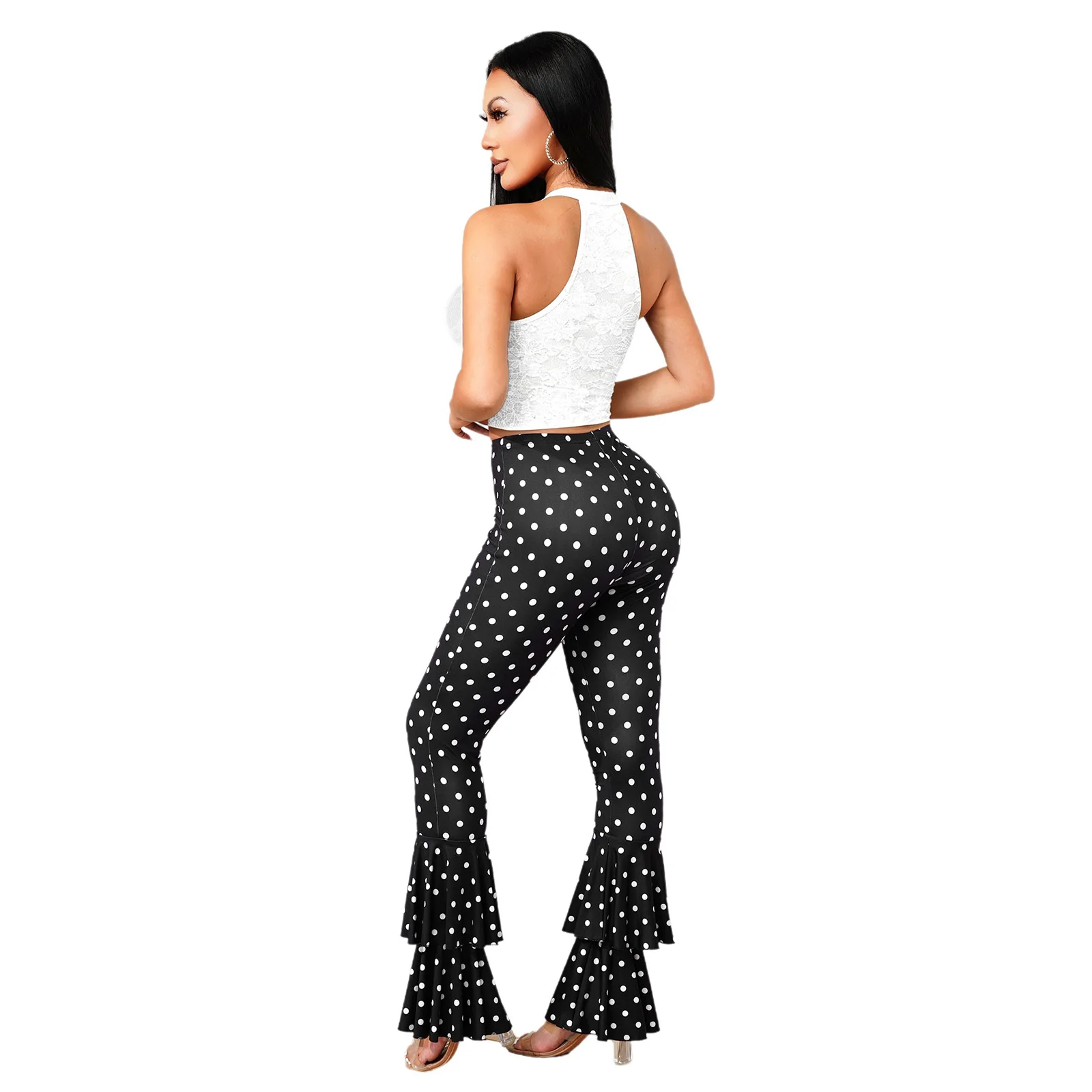 Chic Women Polka Dot Print Two Piece Set Sexy Lace Hole Crop Top+Bodycon Skinny Flare Pants Suit Party Clubwear Matching Set