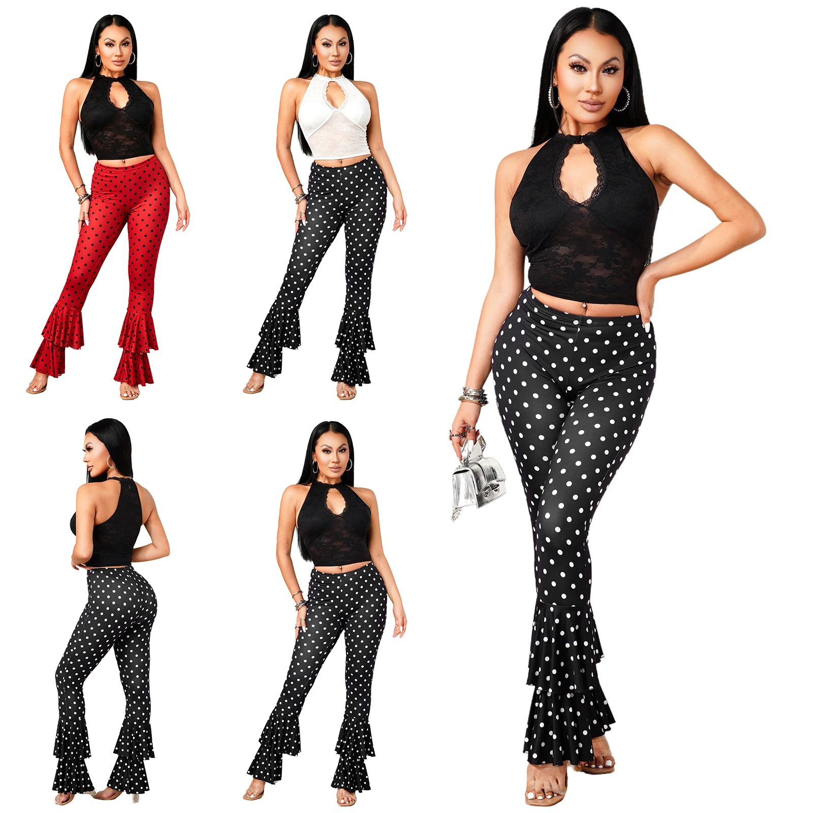 Chic Women Polka Dot Print Two Piece Set Sexy Lace Hole Crop Top+Bodycon Skinny Flare Pants Suit Party Clubwear Matching Set