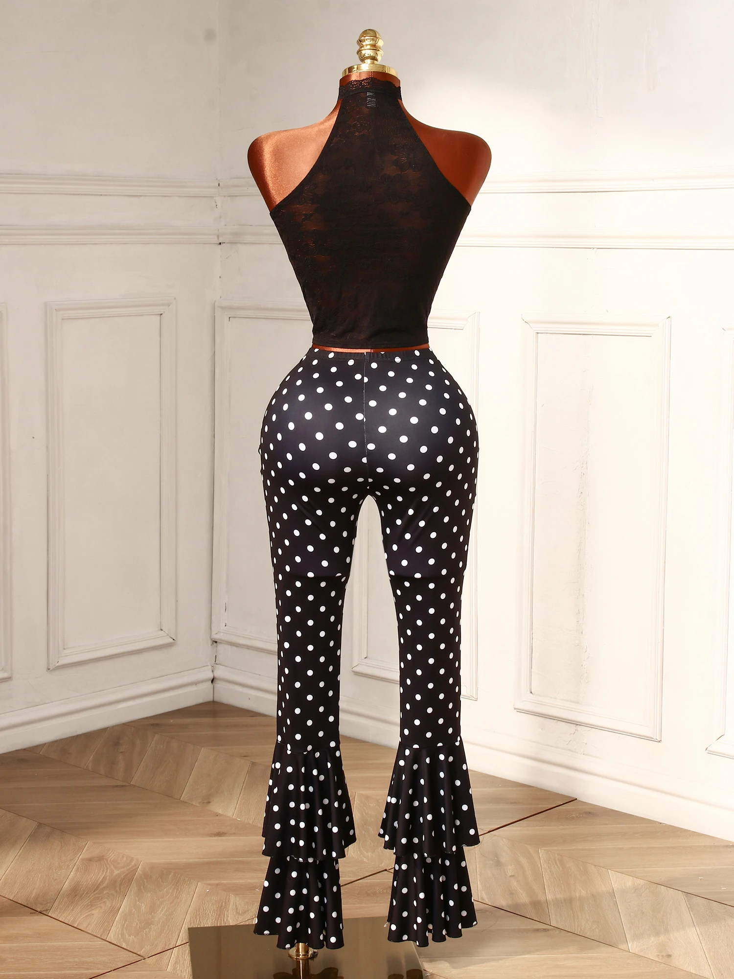 Chic Women Polka Dot Print Two Piece Set Sexy Lace Hole Crop Top+Bodycon Skinny Flare Pants Suit Party Clubwear Matching Set