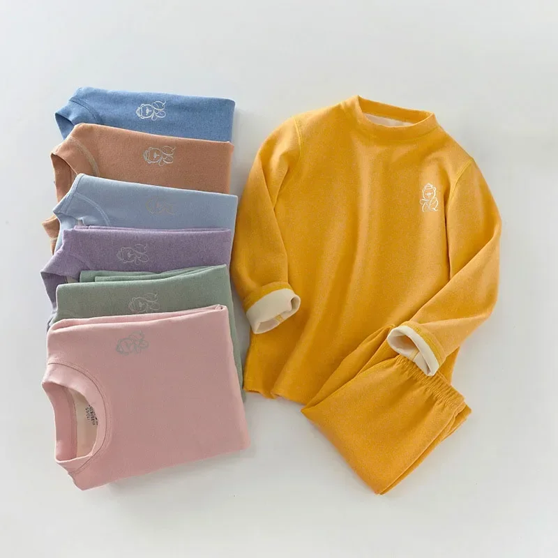 Thermal Underwear Set Kids Winter Boys Girls Long Johns Thick Double Velvet Warm Collar Homewear 2-14Y Self Heating Base Layer