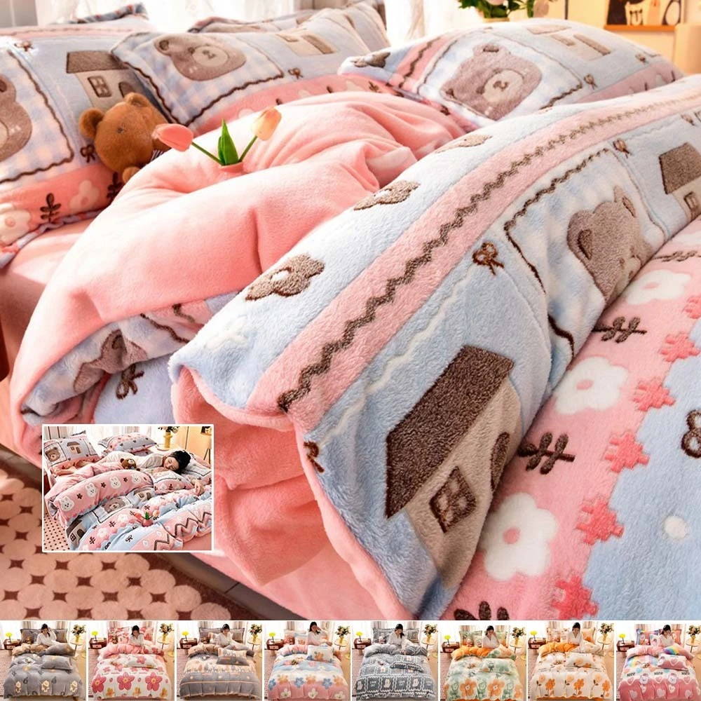 3/4pcs Thickened Printed Duvet Cover Set Winter Snowflake Velvet Warm Queen King Size Quilt Cover for Home Hotel Bedroom Bedding