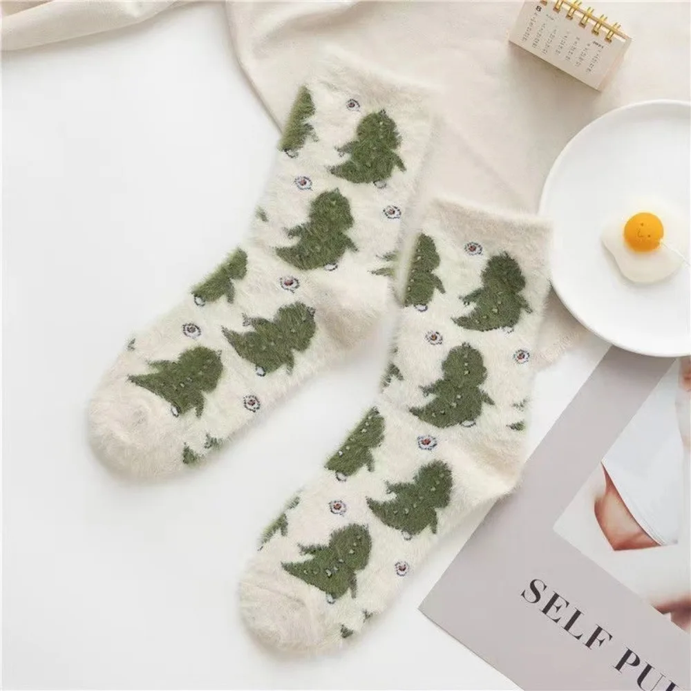 Kawaii Cow Spots Dinosaur Velvet Socks Winter Warm Soft Fleece Warm Socks Cozy Sweat Absorption Thermal Tube Sox Cold Weather