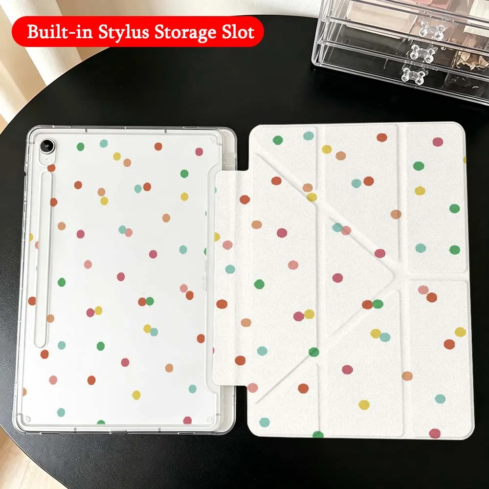 Cartoon Dots Pattern Art For Samsung Galaxy Tab A9 A8 A11 S6 S7 S8 S9 S10 FE Plus Lite Transparent Y-Shaped Folding Tablet Case