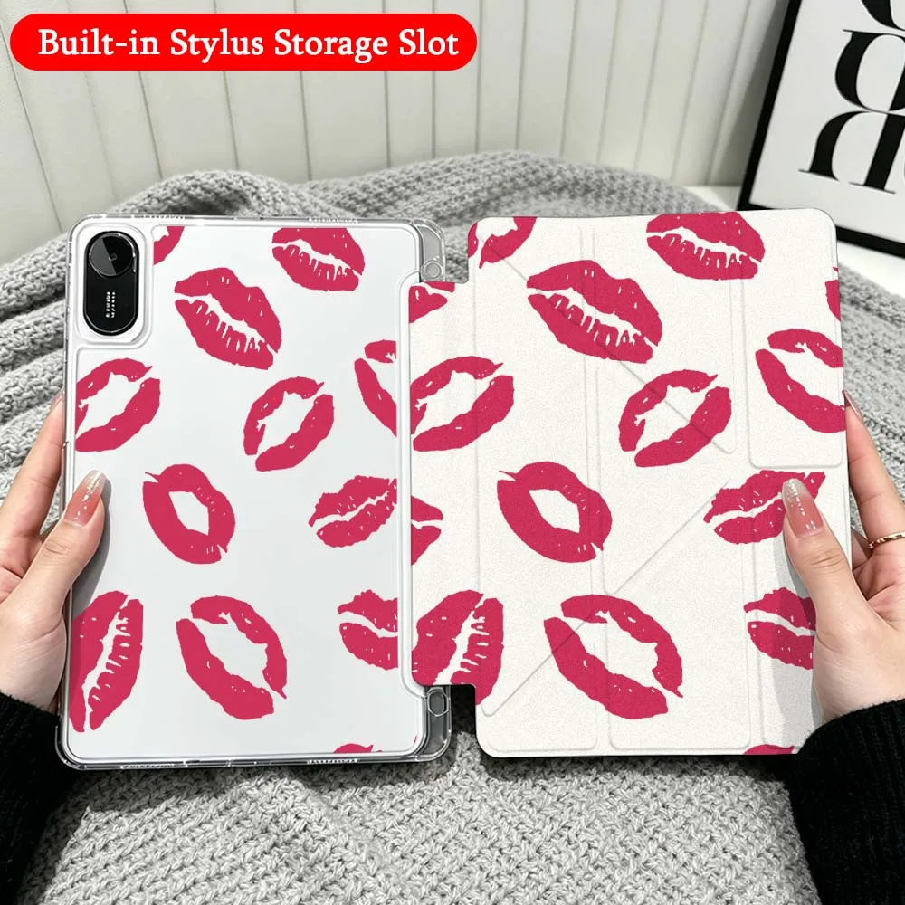 Black Red Lips Pattern Case For Xiaomi Redmi Poco Pad 5 6 7 8 Pro SE 11 11.2 12.1 Inch Transparent Y-Shaped Folding Tablet
