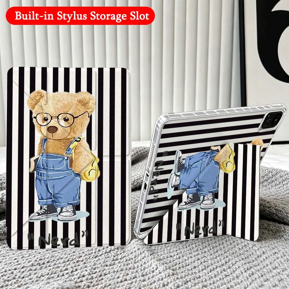 Cartoon Bear Suit Glasses For Xiaomi Redmi Poco Pad 5 6 7 8 Pro SE 11 11.2 12.1 Inch Transparent Y-Shaped Folding Tablet Case