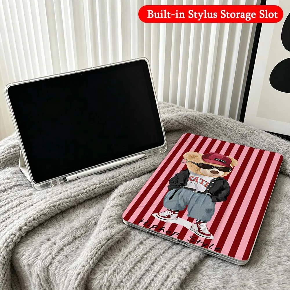 Cartoon Bear Suit Glasses For Xiaomi Redmi Poco Pad 5 6 7 8 Pro SE 11 11.2 12.1 Inch Transparent Y-Shaped Folding Tablet Case