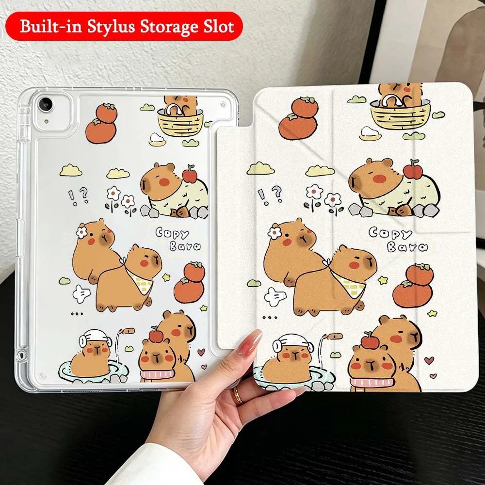 Cartoon Capybara Case For iPad Mini Pro Air 5 6 7 8 9 10th 11th 11 9.7 10.9 13 inch Transparent Y-Shaped Folding Tablet