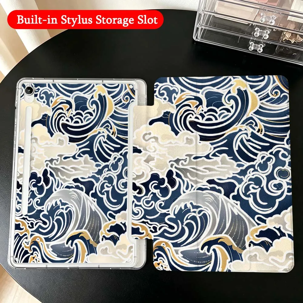 Blue Wave Cloud For Samsung Galaxy Tab A9 A8 A11 S6 S7 S8 S9 S10 FE Plus Lite Transparent Y-Shaped Folding Tablet Case