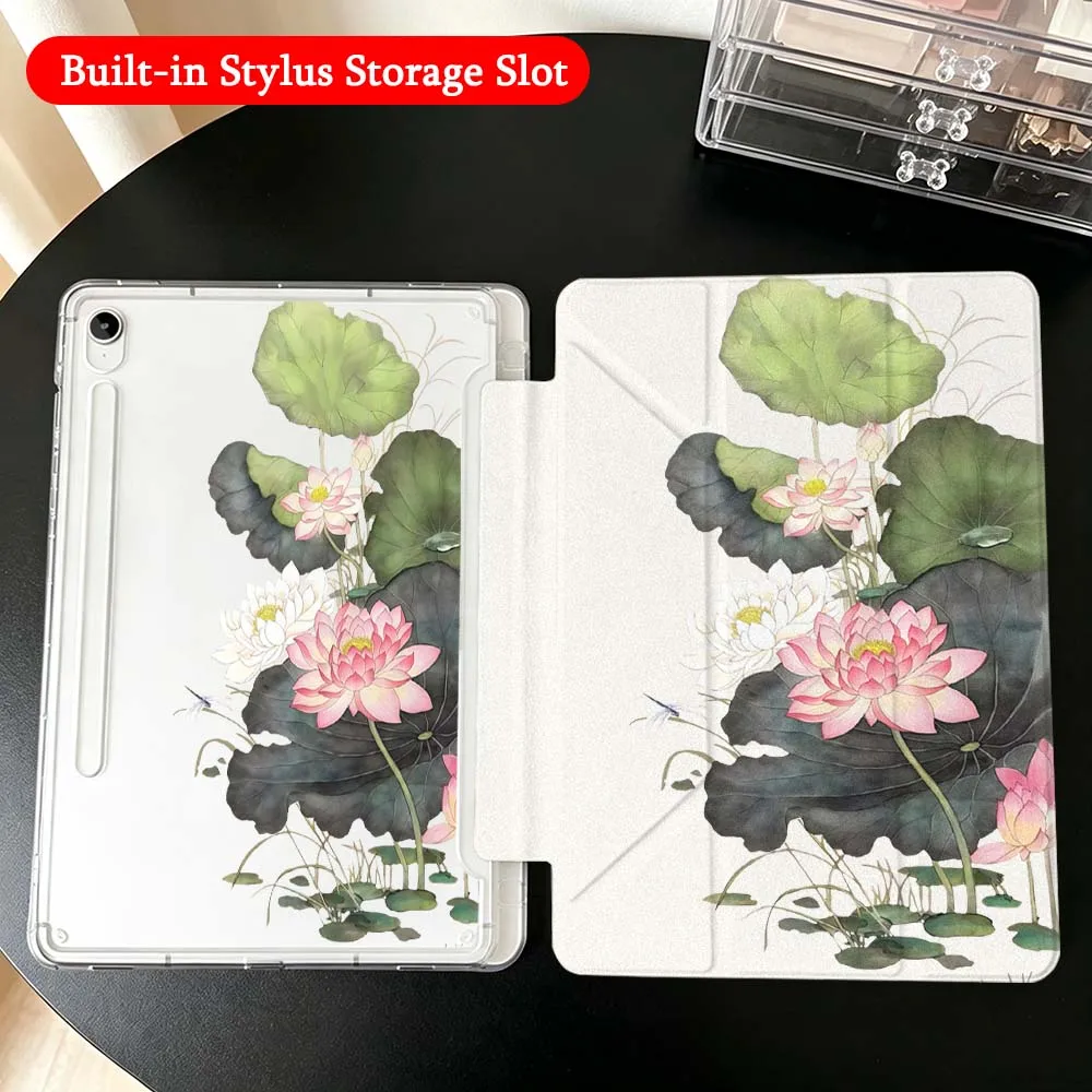 Cartoon Lotus Art For Samsung Galaxy Tab A9 A8 A11 S6 S7 S8 S9 S10 FE Plus Lite Transparent Y-Shaped Folding Tablet Case