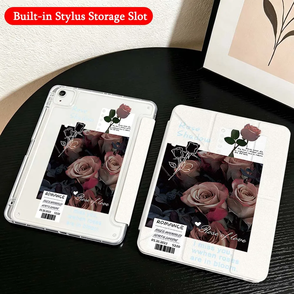 White Roses Bouquet Case For iPad Mini Pro Air 5 6 7 8 9 10th 11th 11 9.7 10.9 13 inch Transparent Y-Shaped Folding Tablet