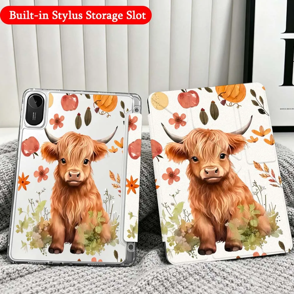Animal Cow Autumn Case For Xiaomi Redmi Poco Pad 5 6 7 8 Pro SE 11 11.2 12.1 Inch Transparent Y-Shaped Folding Tablet