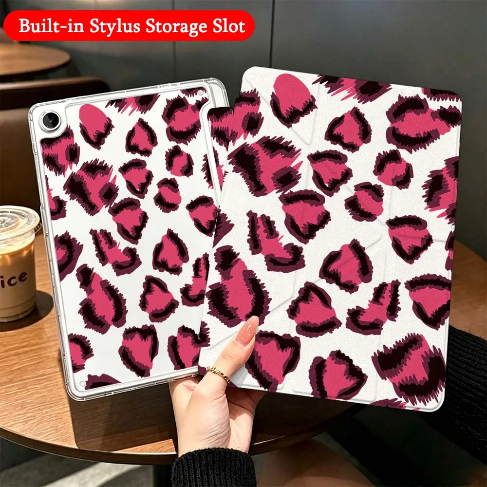 Luxury Leopard Print Case For Samsung Galaxy Tab A9 A8 A11 S6 S7 S8 S9 S10 FE Plus Lite Transparent Y-Shaped Folding Tablet