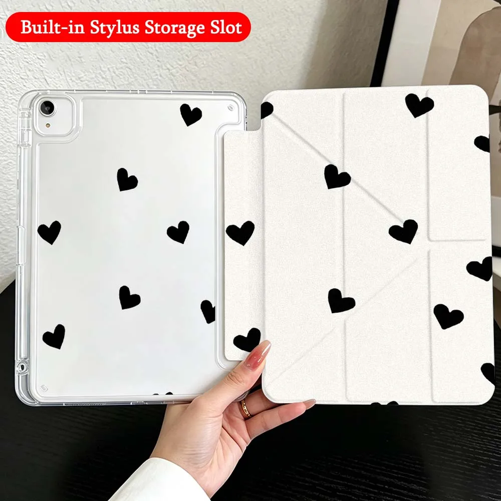 Black Heart Pattern For iPad Mini Pro Air 5 6 7 8 9 10th 11th 11 9.7 10.9 13 inch Transparent Y-Shaped Folding Tablet Case