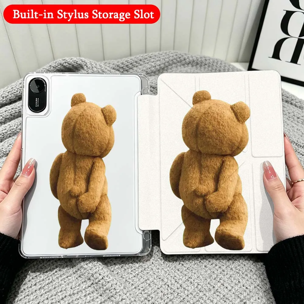 Brown Cartoon Bear For Xiaomi Redmi Poco Pad 5 6 7 8 Pro SE 11 11.2 12.1 Inch Transparent Y-Shaped Folding Tablet Case