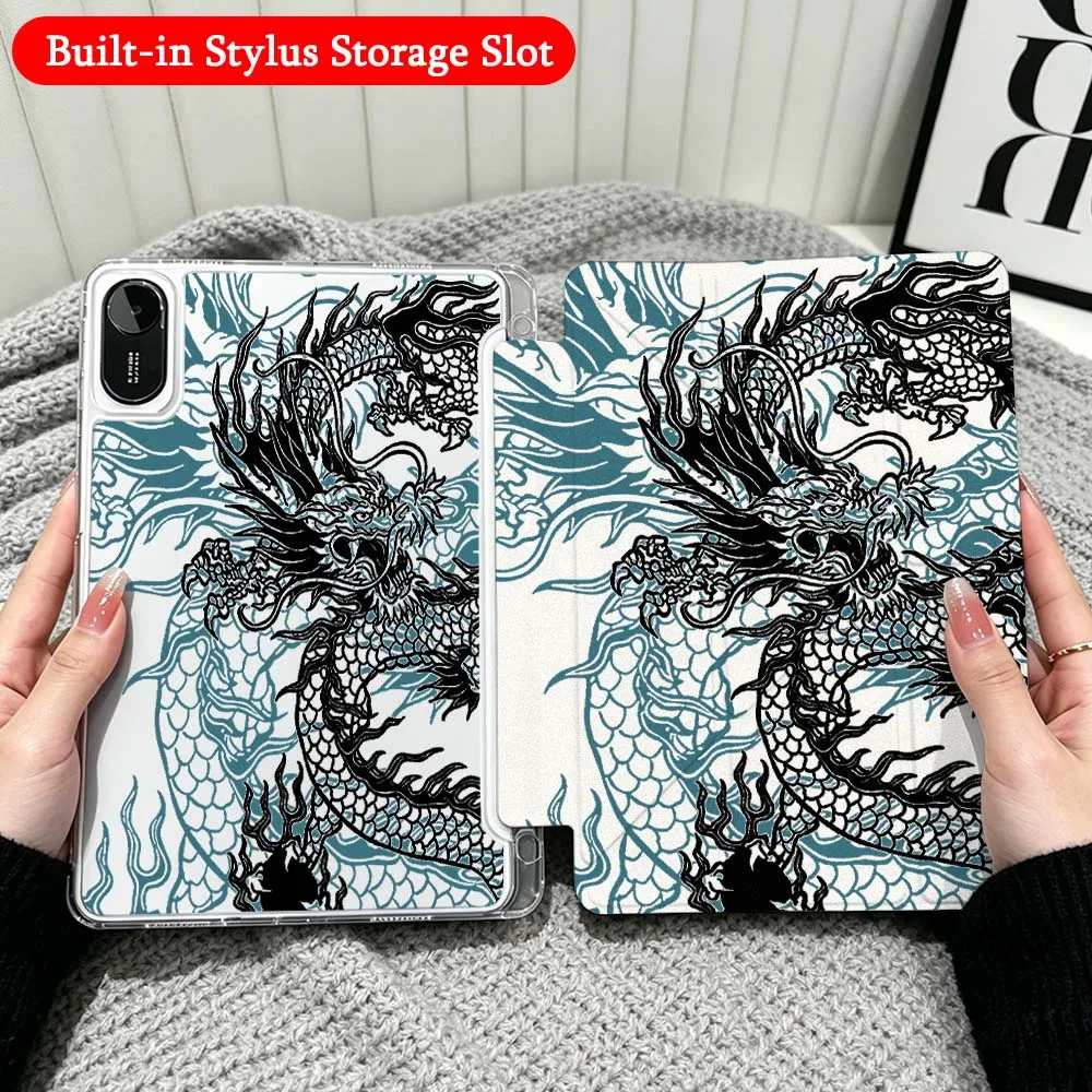 Cartoon Dragon Peace Case For Xiaomi Redmi Poco Pad 5 6 7 8 Pro SE 11 11.2 12.1 Inch Transparent Y-Shaped Folding Tablet