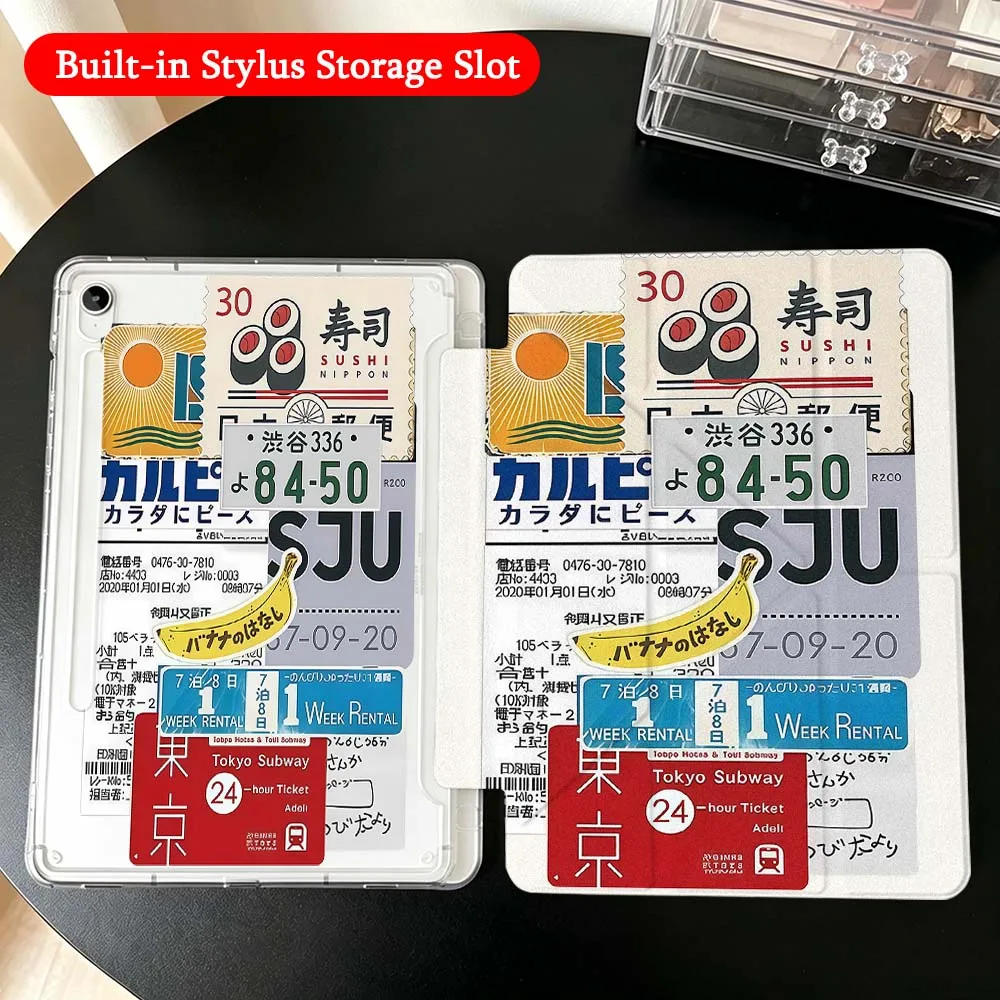 Tokyo Ticket Label For Samsung Galaxy Tab A9 A8 A11 S6 S7 S8 S9 S10 FE Plus Lite Transparent Y-Shaped Folding Tablet Case
