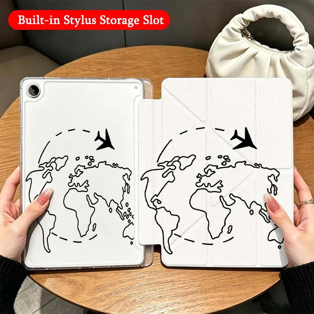 World Map Plane Aircraft For Samsung Galaxy Tab A9 A8 A11 S6 S7 S8 S9 S10 FE Plus Lite Transparent Y-Shaped Folding Tablet Case