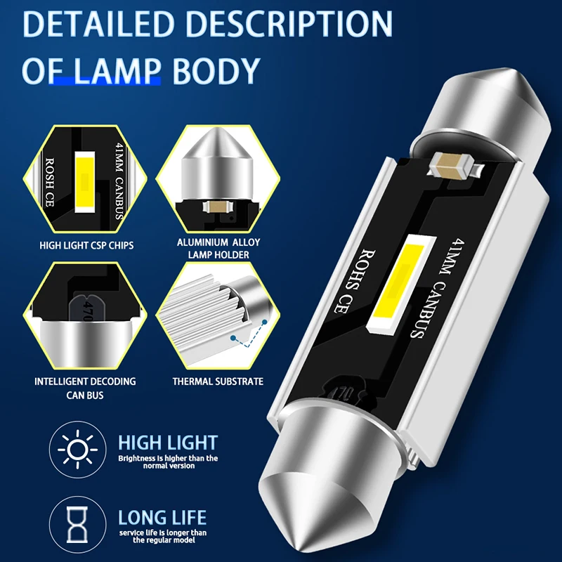 2PCS Festoon 31mm 36mm 39mm 41mm C5W C10W Super Bright CSP LED Bulbs Car Dome Light Canbus No Error Auto Interior Reading Lamp