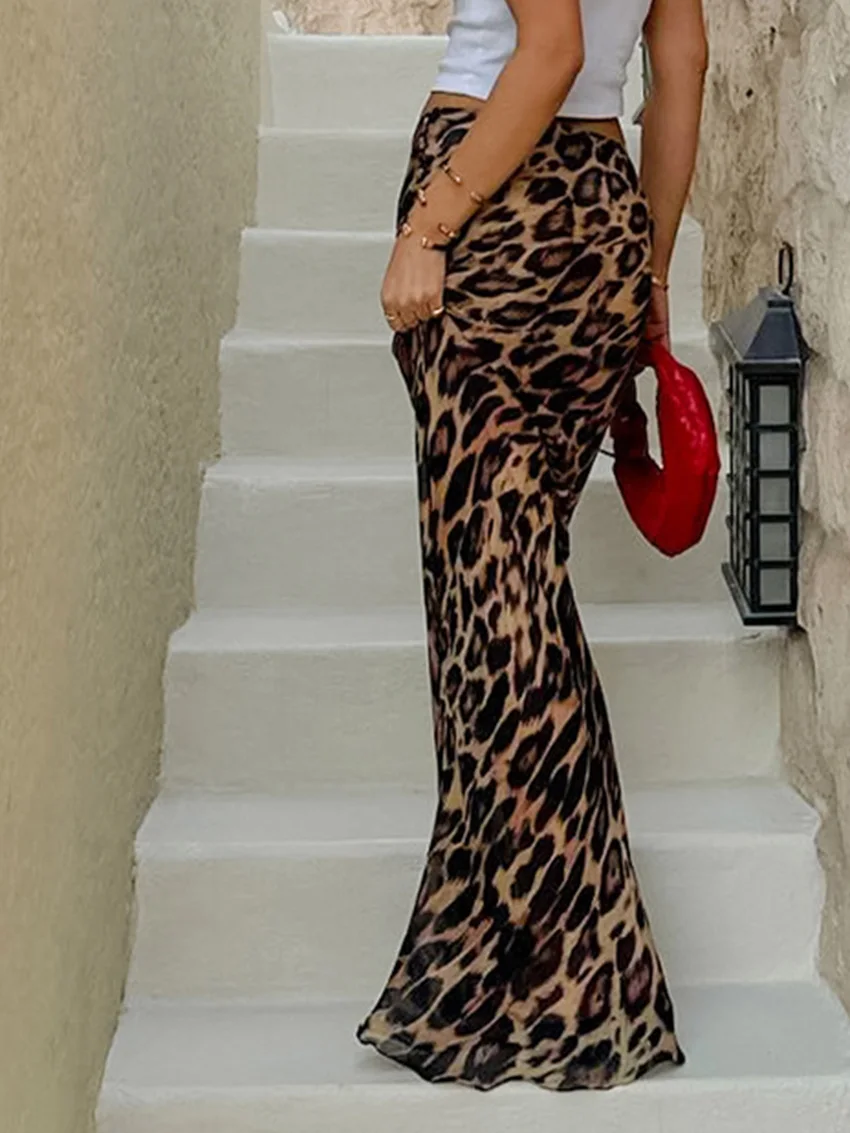 WXOY Sexy Elegant Leopard Maxi Flowy Skirt Low Waist Stretchy Bodycon Slim Fit Clubwear Women Clothes Summer Party Streetwear