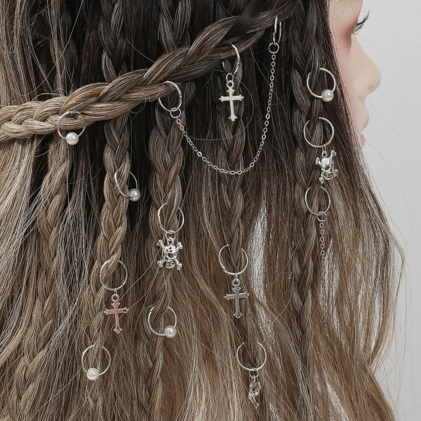 13pcs Cross&Skull Decor Hair Ring,Dreadlocks Beads Hair Braid style Clips Dread Locks Hair Braiding Cuffs Halloween Decoration