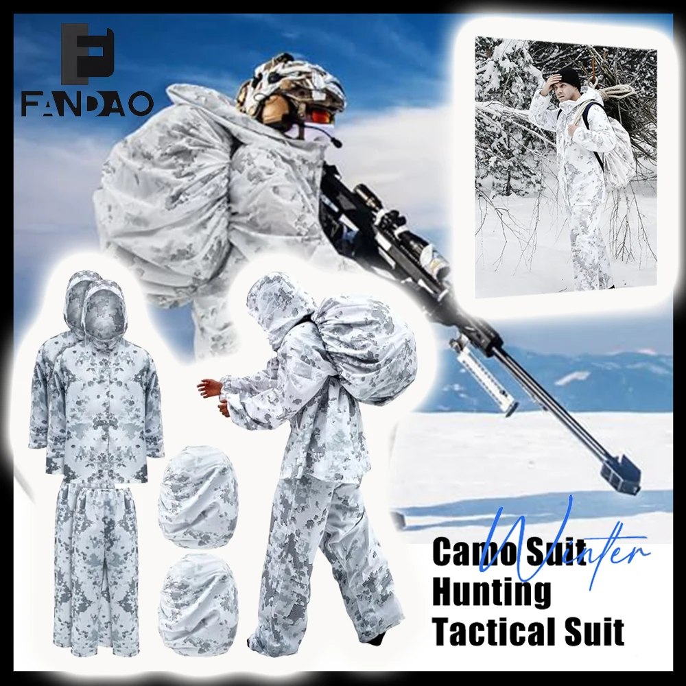 Tactical Winter Camo Suit Unisex Snow Camo Ghillie Suits with Backpack Cover Windbreaker Jacket Pants for CS Sniper Hunting