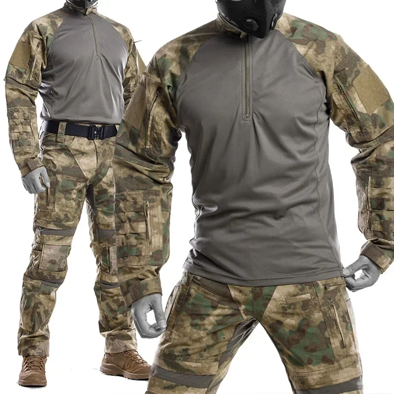 UFS Tactical BDU Uniform Men Camo Hunting Clothes Airsoft Training Ghillie Suit Quick Dry Long Sleeve Combat T-shirt Pants Set