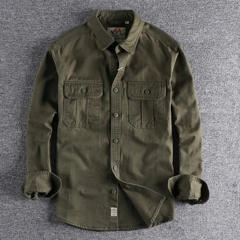 Amekaji Cargo Washed Shirt Men Long Sleeve Canvas Cotton Military Uniform Light Casual Work Safari Style Male Shirts Top Coats