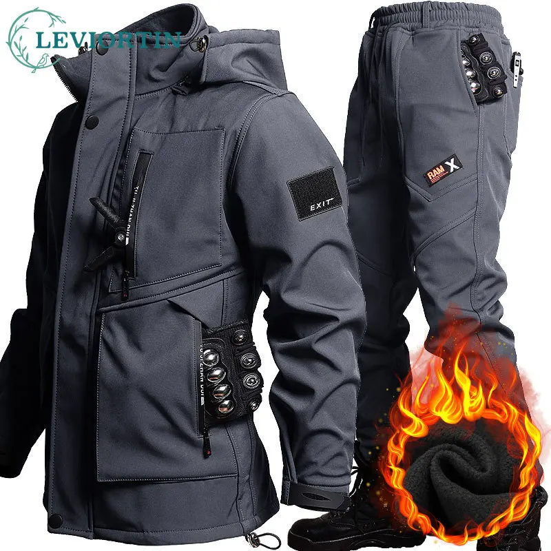 Tactical Waterproof Men Camo Set Soft Shell Fleece Winter Combat Suit Windbreak Warm Multi Pocket Outdoors Training Uniform