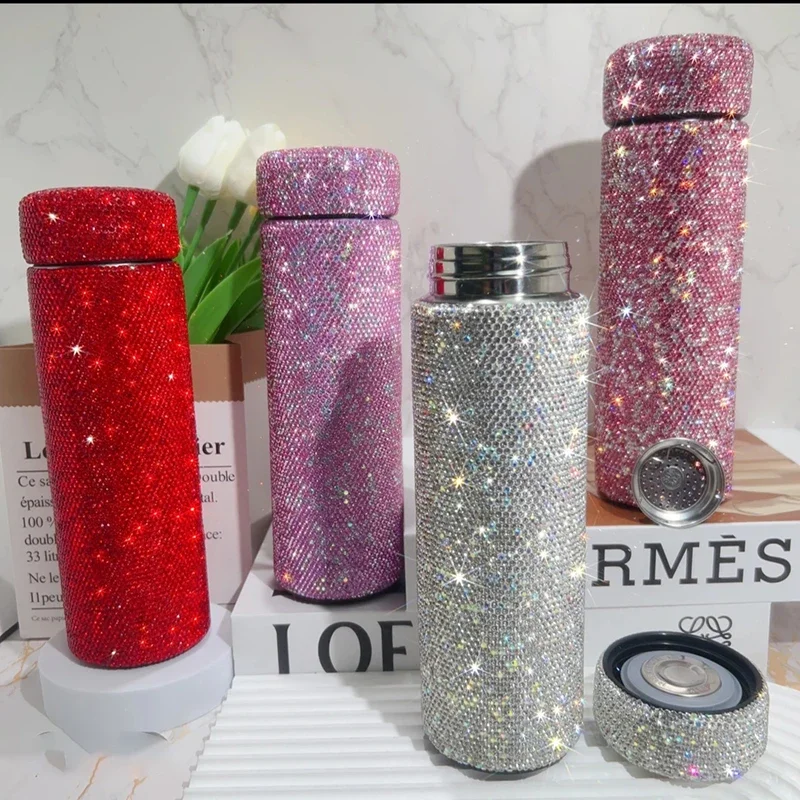 150ml/280ml/480ml Stainless Steel Thermos Bottle Rhinestone Vacuum Flask Portable Insulated Cup Keep Hot Tumbler Water Bottle
