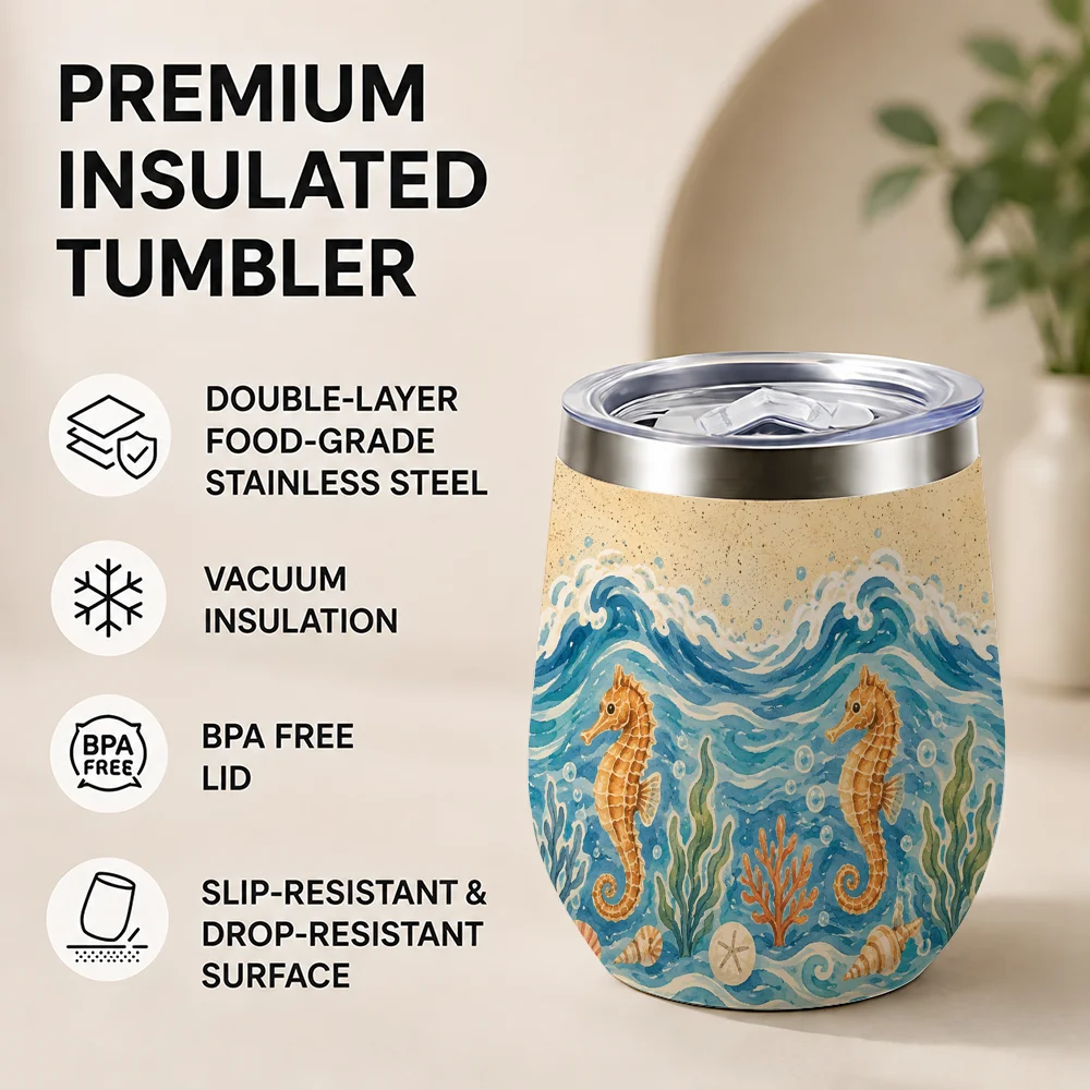 Coastal Marine Life Vacuum Flasks 12oz Insulated Wine Tumbler Vacuum Coffee Mug Egg Shaped Thermos