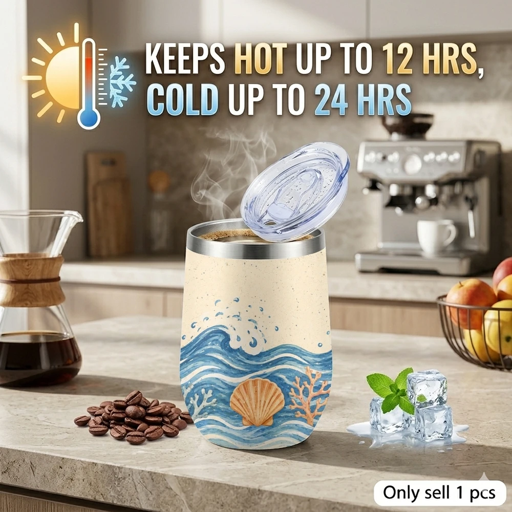 Coastal Marine Life Vacuum Flasks 12oz Insulated Wine Tumbler Vacuum Coffee Mug Egg Shaped Thermos
