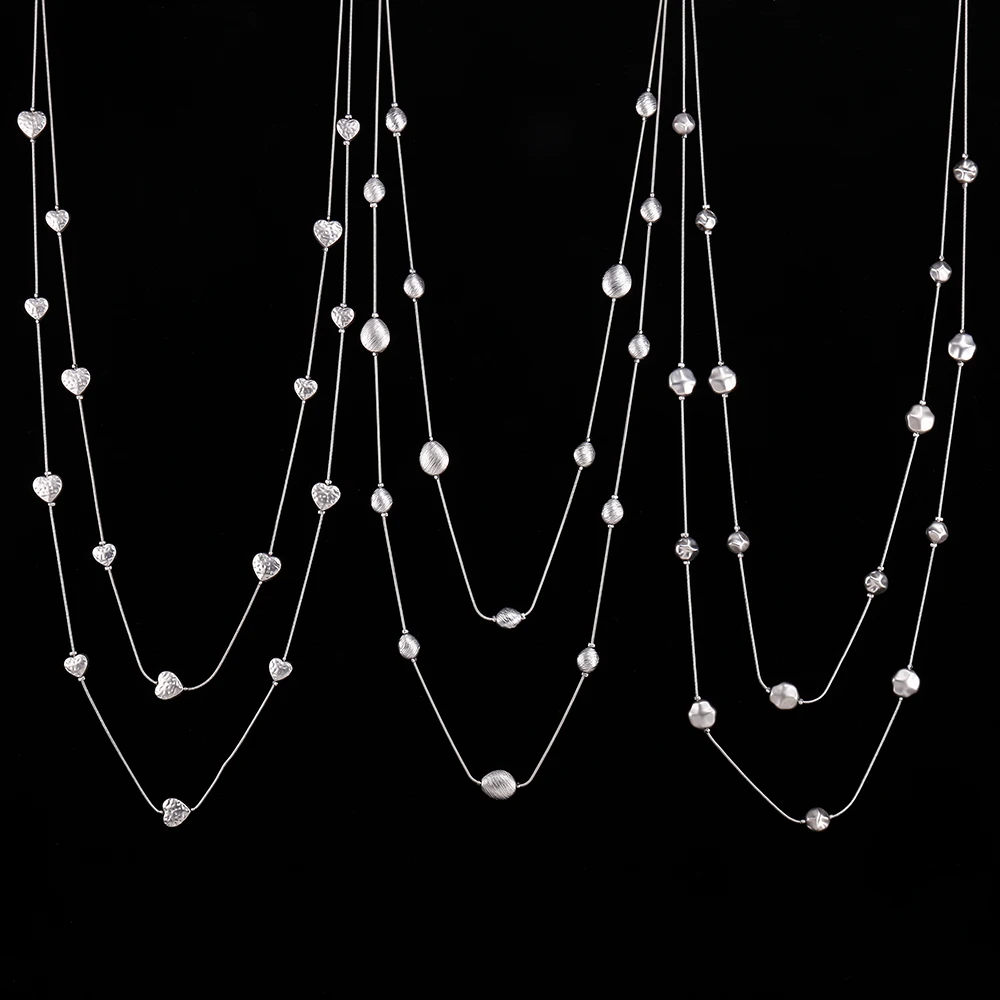 Long Sweater Chain Necklace For Women 2 Layered Gold Silvery hearts round stars Metal Beads Necklace Fashion Jewelry Gift 2020