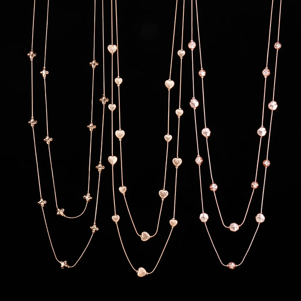 Long Sweater Chain Necklace For Women 2 Layered Gold Silvery hearts round stars Metal Beads Necklace Fashion Jewelry Gift 2020
