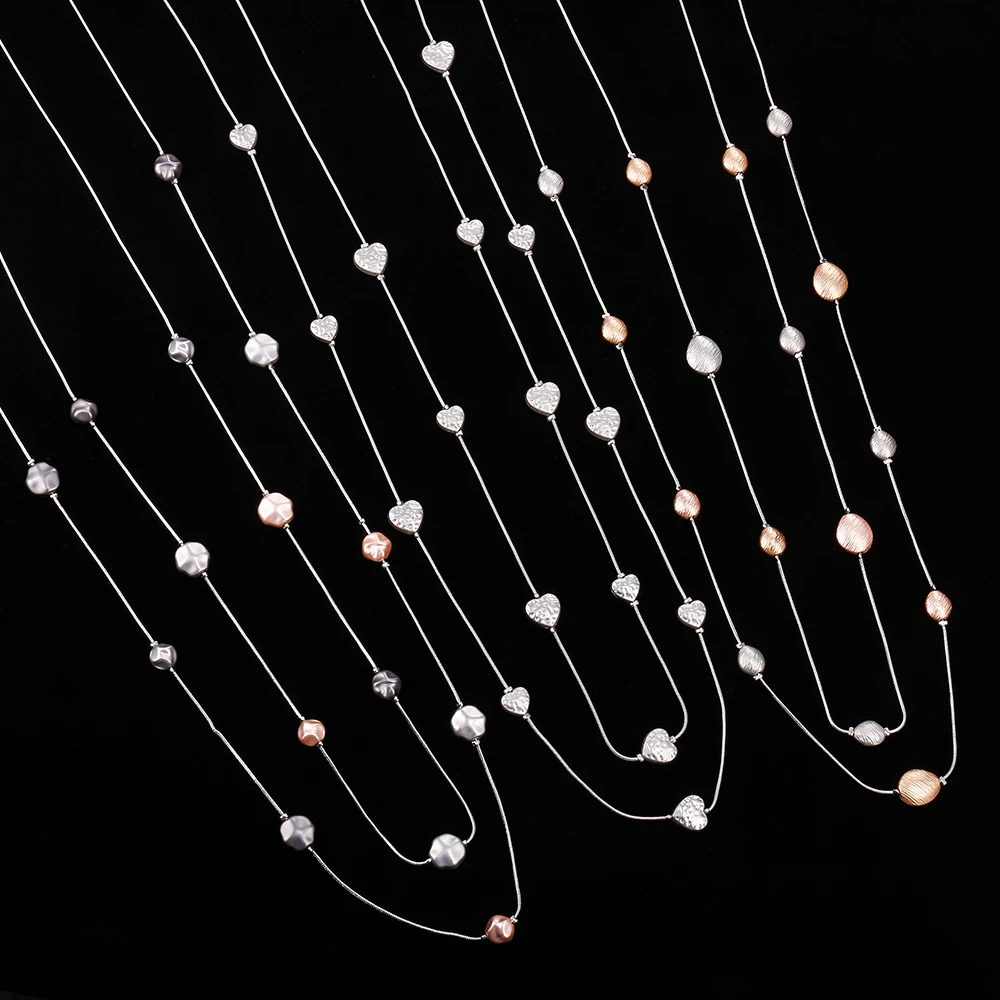 Long Sweater Chain Necklace For Women 2 Layered Gold Silvery hearts round stars Metal Beads Necklace Fashion Jewelry Gift 2020