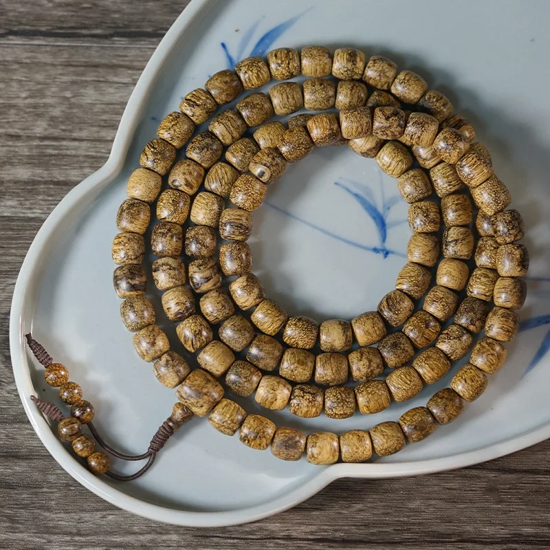 Dalagan Tiger Stripe Agarwood 108 Bead Bracelet, Irregular Shaped , Natural Honey Scented Buddhist Beads, Decorative Item f