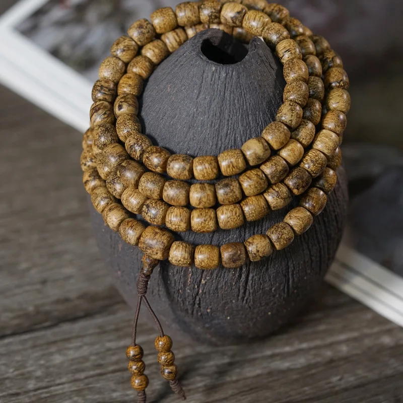 Dalagan Tiger Stripe Agarwood 108 Bead Bracelet, Irregular Shaped , Natural Honey Scented Buddhist Beads, Decorative Item f