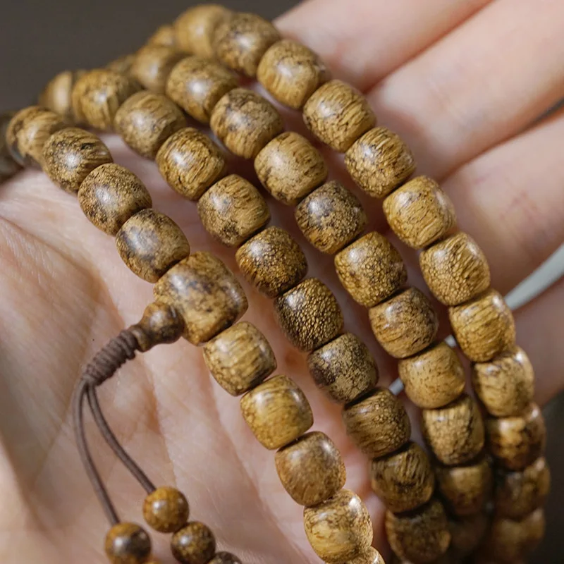 Dalagan Tiger Stripe Agarwood 108 Bead Bracelet, Irregular Shaped , Natural Honey Scented Buddhist Beads, Decorative Item f
