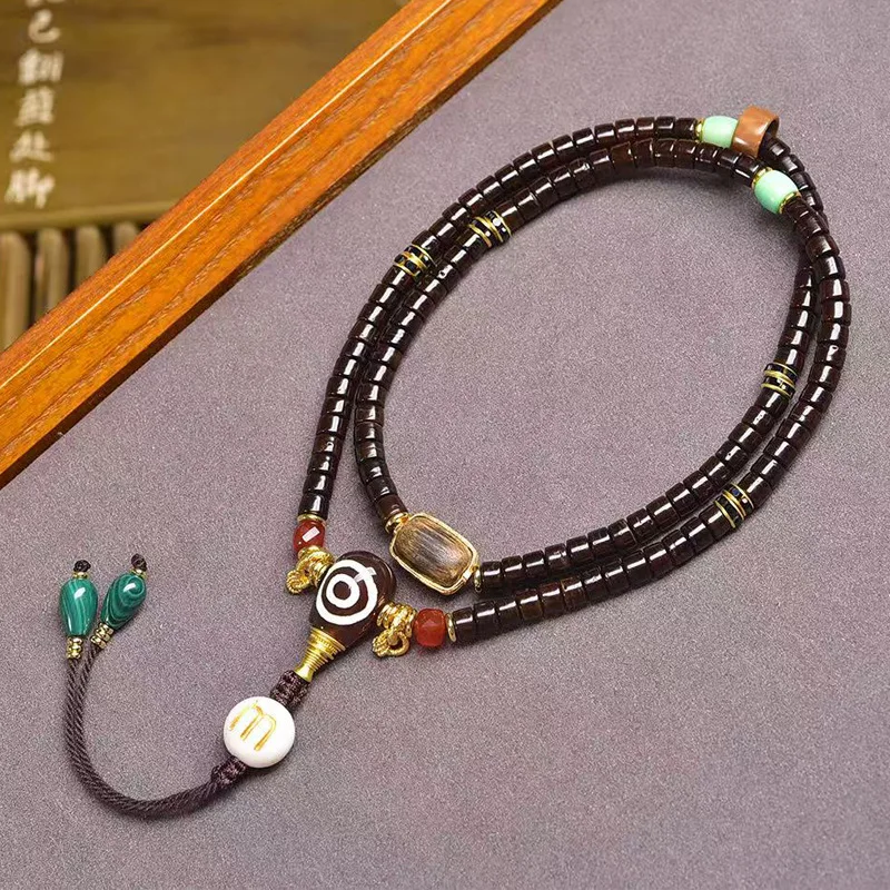 Natural coconut shell beads necklace, multi-strand bracelet, agarwood, turquoise, agate, malachite accessories, Buddhist bead je