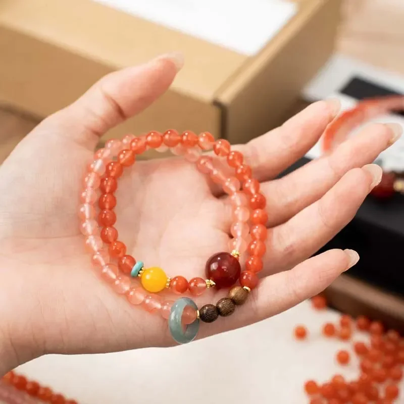 [Xinan Fuyue] Natural Ice Piao Nanhong Agate Bracelet Guochao New Chinese Agarwood Bracelet Gift Jewelry