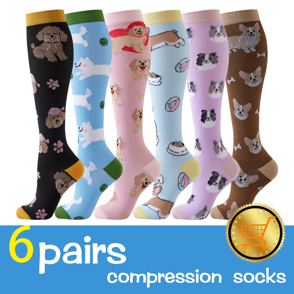 6 Pairs Cute Dog Knee High Compression Socks for Women Nurses Breathable Support Stockings for Work Travel Sports Daily Wear