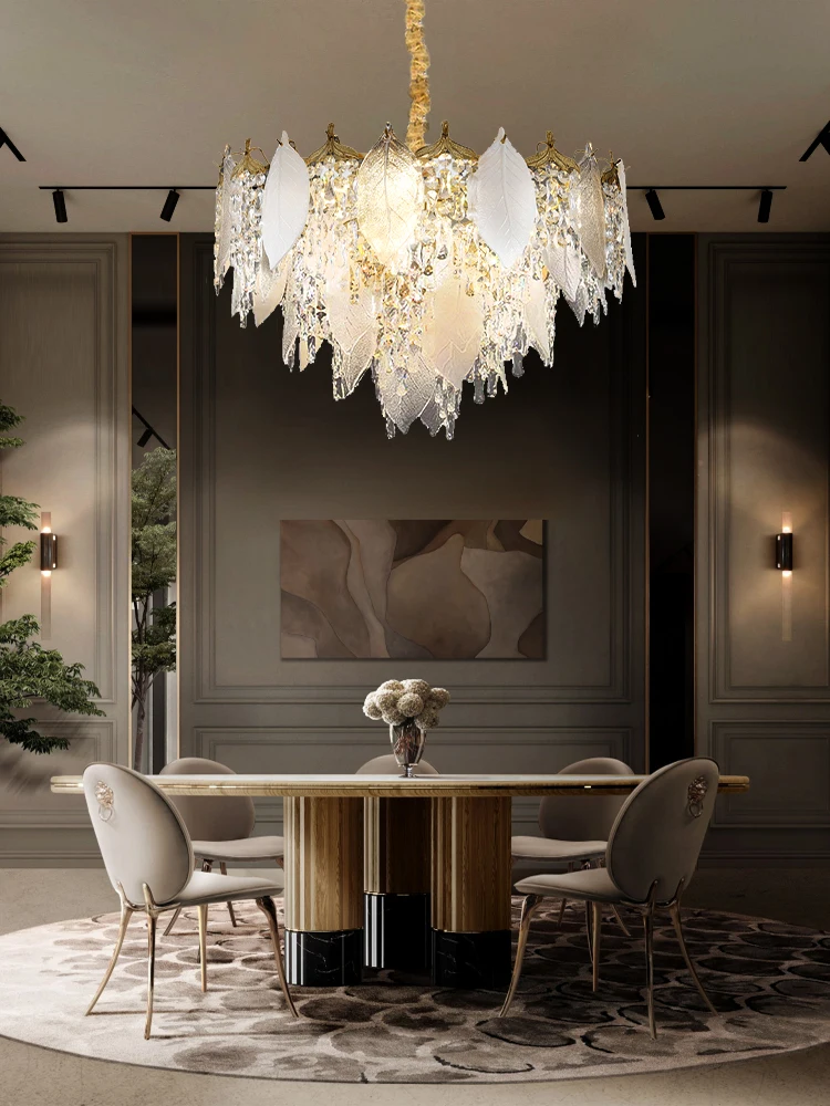 Luxury Porcelain Glass Leaves Chandelier Modern Crystal Hanging Lamps Home Decor Lighting Lustre Villa Living Room Pendant Light