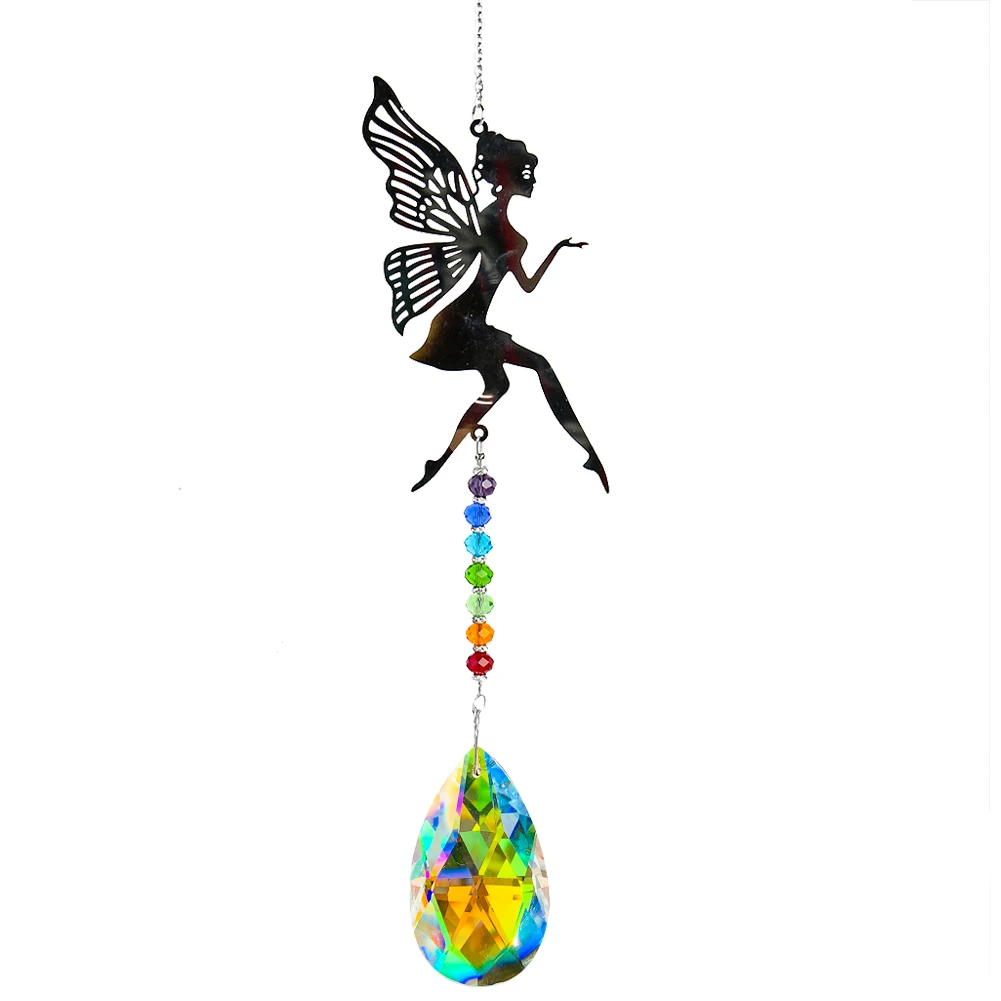 Wing Fairy Elves Hanging Ornament Fire AB Angel Teardrop Crystal Prism Raibow Bead Aurora Sun Catcher Decor Pendant