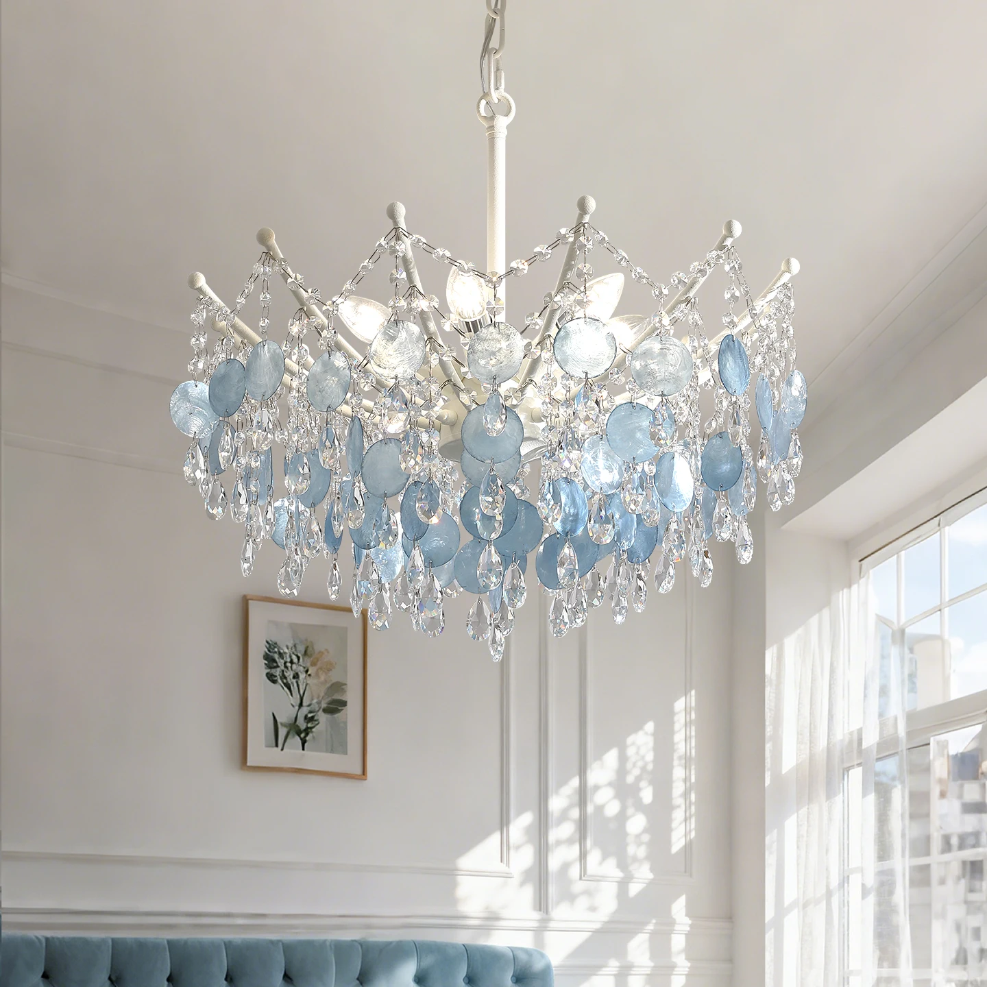 Nordic Romantic Blue Shell Crystal Pendant Bedroom Light Modern Light Luxury High Wedding Bedroom Light Lustre Ceiling Chandelie